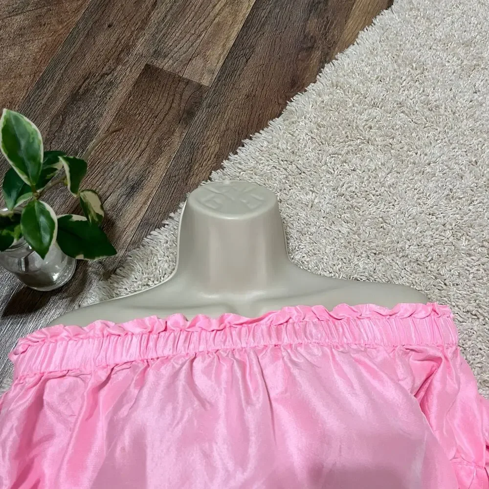 J.crew Size 2 Pink Ruffle Off Shoulder Shantung 100% Silk Tie Sleeve Top